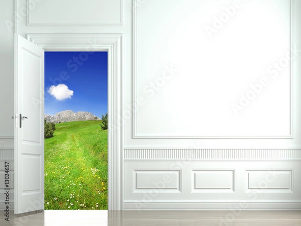 Obraz white wall with open door