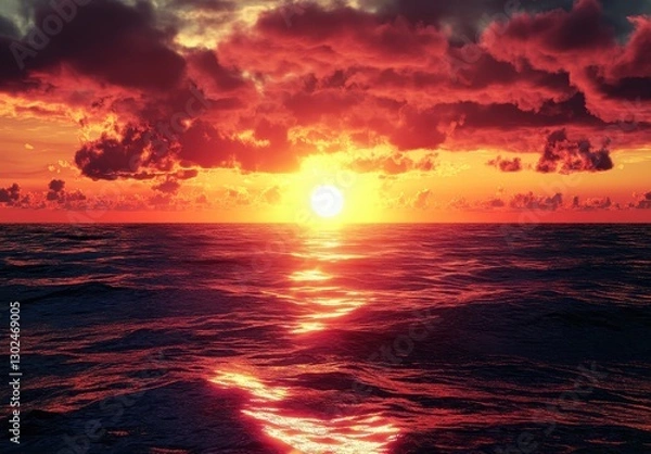 Fototapeta Vibrant Sunset Over Calm Ocean Waters with Dramatic Cloud Formation and Reflections Shimmering in the Golden Light of a Serene Evening Sky