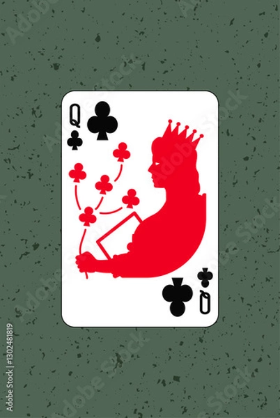 Fototapeta Queen, Clubs suit. Poker gambling playing printable card. Vector illustration. Cartoon character silhouette. A woman with a crown and a flower. Design number 2.
