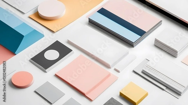 Fototapeta A stack of printed brand guidelines and design elements, isolated on a white background.