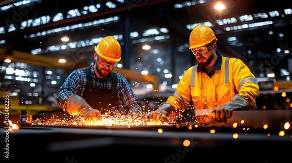 Fototapeta Two workers in safety gear create sparks in metal workshop, showcasing teamwork and craftsmanship. warm glow of molten metal adds to industrial atmosphere