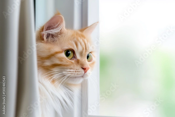 Fototapeta Curious orange cat gazes out the window on a sunny day in a cozy home environment