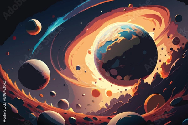 Fototapeta Galactic Fantasy Landscape vector illustration. A vibrant alien planet with glowing crystal formations, a star-filled sky with swirling nebulas, and twin moons casting soft light over the terrain.