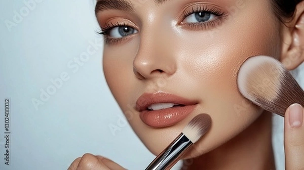Fototapeta Applying makeup techniques beauty studio tutorial content indoor setting close-up view skincare and cosmetics insights for glowing skin