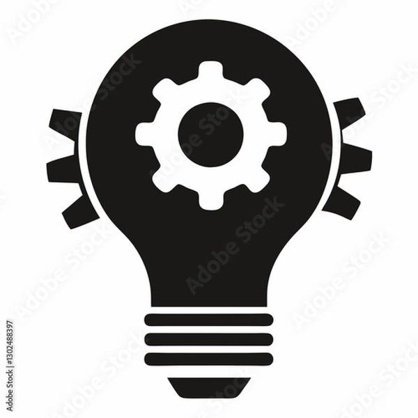 Fototapeta Black Light Bulb Fused with Gears Icon Clean Silhouette Design.