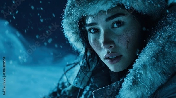 Fototapeta Movie style photo, a woman in snow, wearing a thick fur lined hooded jacket, her face partially obscured by hair under cold blue light, with a frightened expression, extreme cold weather.