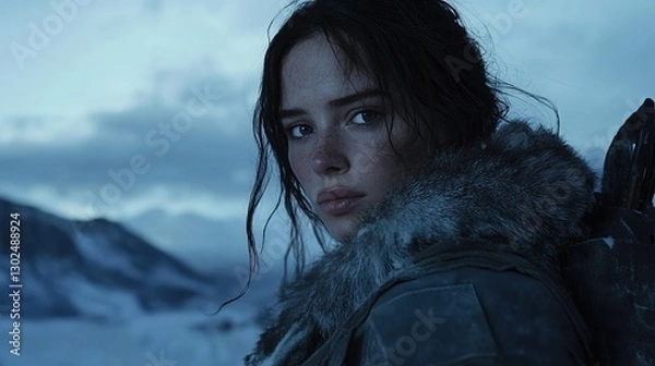 Fototapeta Movie still frame, young woman, dark hair, blue eyes, wearing an Arctic fur jacket, standing in front of snow covered mountains at night, in a cold atmosphere.