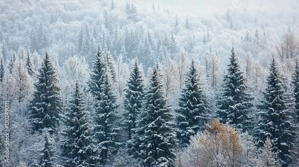 Fototapeta Aerial view of winter forest, with white snow on trees and coniferous forests, dense evergreen leaves, tall pine trees in frost, picturesque scenery, misty slopes, and the natural beauty of winter.