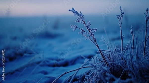 Fototapeta Close up of winter frozen grassland, misty blues atmosphere, shallow depth of field captures cold weather.