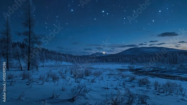 Fototapeta Starry night in the Siberian wilderness, snow covered hills and forests, clear blue sky, mysterious glow of the moon, long shadows on the ground, midnight winter wonderland