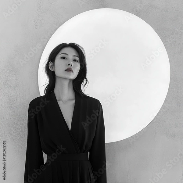 Fototapeta Minimalist portrait of a Korean model wearing a black asymmetrical cut dress, standing in front of a white geometric solid background wall, with a minimalist composition.