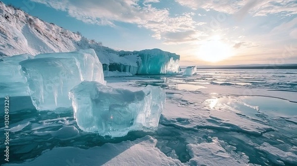 Fototapeta In winter, Baikal Lake ice forms, Russia, and the sun sets after the ice formation. Ice looks like large and small pieces of blue floating ice. Some ice clusters are covered with snow.
