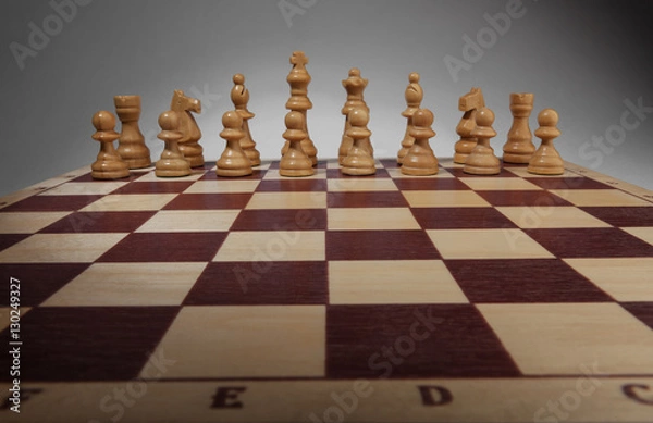 Fototapeta Chessboard with chess pieces. White set, top wide view angle.