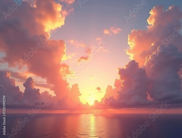 Fototapeta Dramatic sunset sky with the sun setting on the horizon, surrounded by large clouds illuminated by golden light, creating a warm and peaceful atmosphere over the calm ocean  
