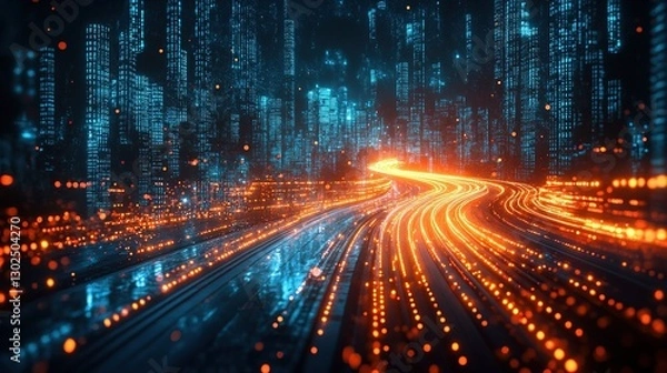 Obraz Abstract 3D rendering of a highway path through a digital binary city, conceptualizing big data, machine learning, artificial intelligence, hyperloop, virtual reality, and high-speed technology.