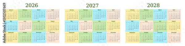 Fototapeta 2026, 2027, 2028 calendar with week number. Text and font editable and replaceable. Vector template for business, schedule, organizer, and planner.
