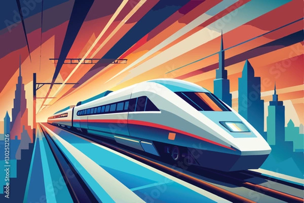 Fototapeta Modern High-Speed Train Vector illustration . A sleek and aerodynamic high-speed train in a futuristic setting, with motion lines indicating speed.
