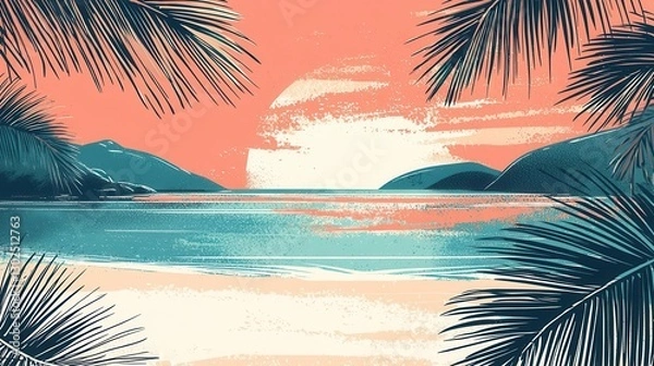 Obraz Serene Sunset Beachscape Palm Trees Frame Tranquil Ocean View