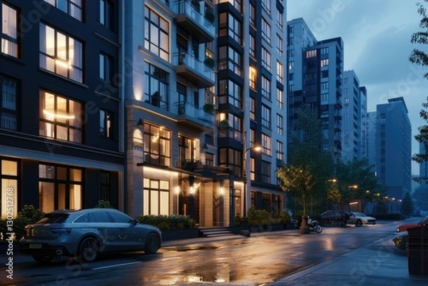 Fototapeta Ultra Hd Image of Modern Apartment Buildings on the Street in the Evening 3D Rendering