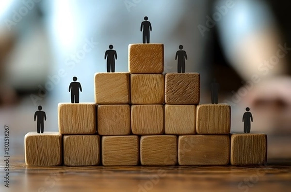 Fototapeta a hierarchical structure illustrated with wooden blocks and miniature figures, conveying concepts of organizational structure, leadership, and business growth
