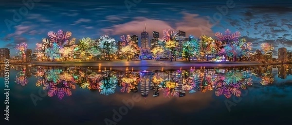 Fototapeta Enchanting city skyline reflection with festive snowflake lights display