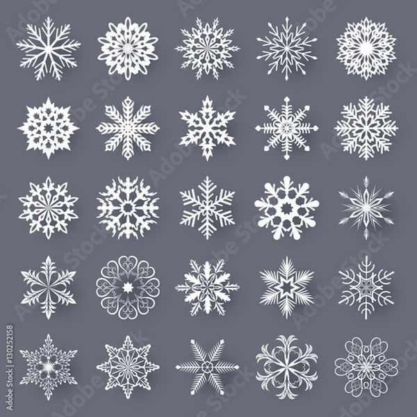 Obraz White snowflake shapes set isolated on grey background.
