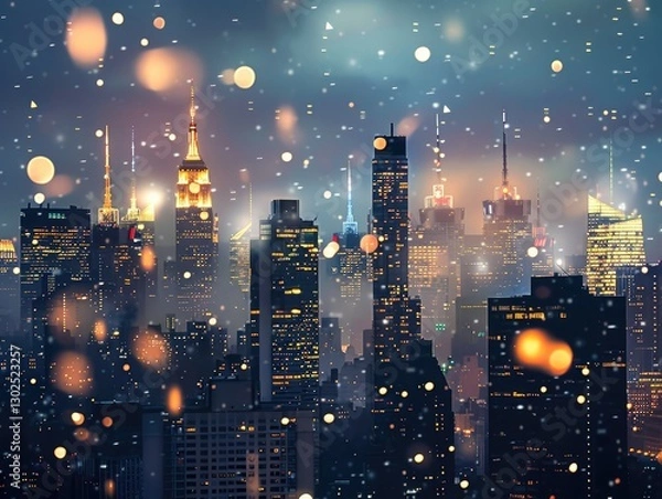 Fototapeta Snowy evening in New York City, showcasing skyline lights and falling snowflakes creating a magical atmosphere