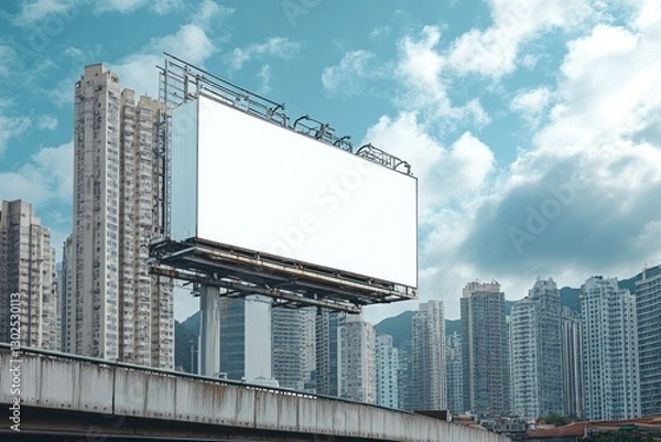 Fototapeta High Definition Picture of Billboard on a Building with a City Skyline in the Background