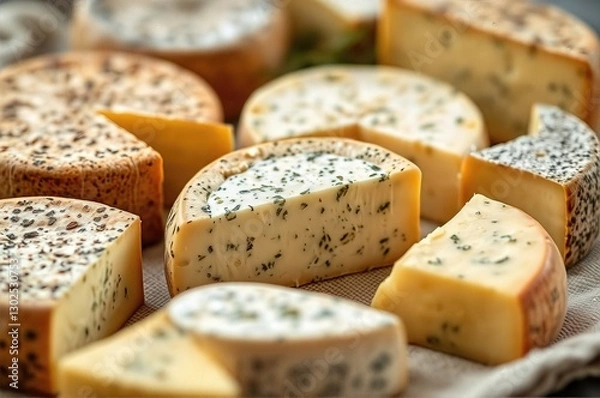 Obraz Artisanal Herb-Infused Traditional Cheese Wheels and Wedges A Rustic Gastronomic Still Life Composition