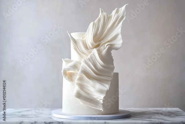 Fototapeta A modern wedding cake featuring delicate, flowing sugar ruffles with a sculptural design, set against a neutral background for an elegant aesthetic.