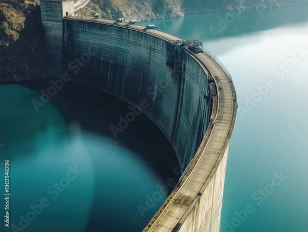 Obraz Imposing concrete dam holding back a vast turquoise reservoir under hazy skies