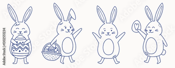 Fototapeta Collection of hand drawn Easter bunny with egg. Cartoon style icons. Doodle. Vector illustration