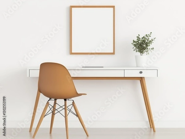 Fototapeta Modern minimalist workspace featuring a wooden desk, chair, and plant against a white wall