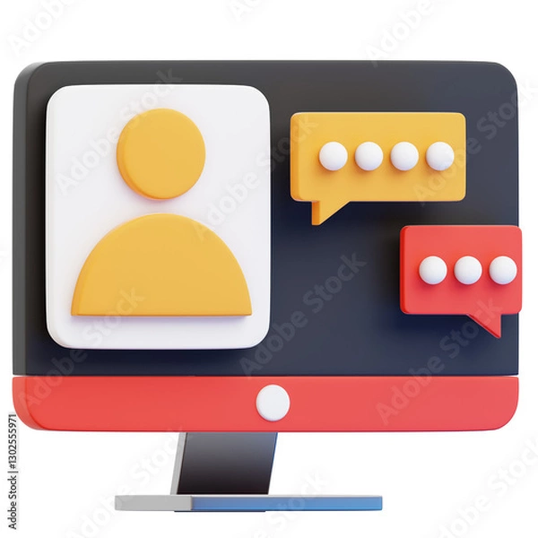 Obraz Online Dialogue: A 3D computer screen illustrating virtual communication with a profile icon and speech bubbles. The image captures the essence of digital interaction, online chat.