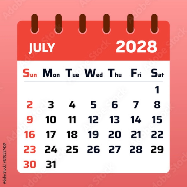 Fototapeta Professional July 2028 calendar with a structured layout. Great for time management, organizing meetings, and planning summer holidays.