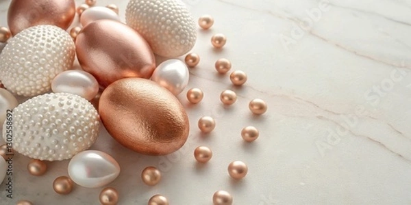 Fototapeta elegant white and rose gold easter eggs arranged on a marble surface with copy space. The eggs have a soft and luxurious look, perfect for showcasing your easter designs.