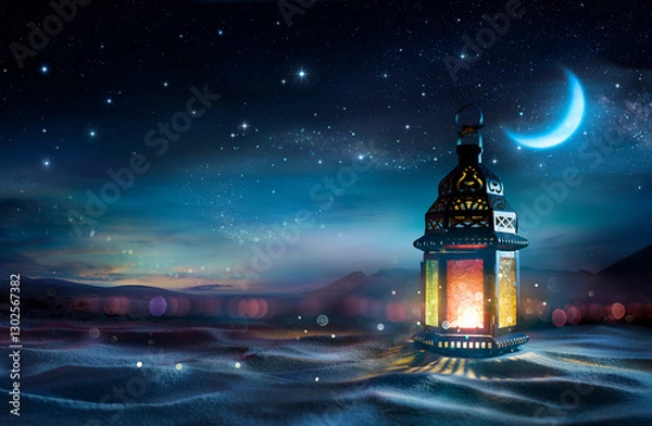 Obraz Ramadan Kareem - Arabic Lantern With Crescent Moon - Abstract Magic Bokeh Lights On Background