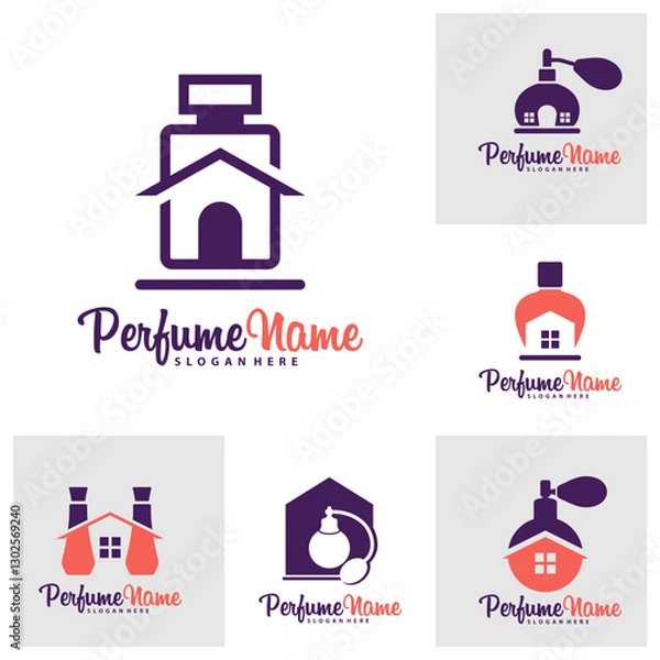 Fototapeta Set of Perfume with House logo design vector illustration. Perfume logo concept template
