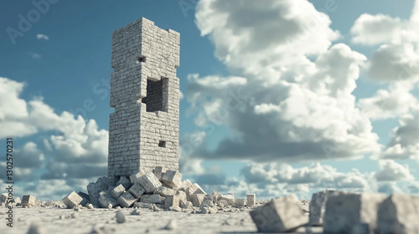Fototapeta surreal and symbolic scene of a crumbling tower constructed from small, uniform blocks, set against a serene sky filled with fluffy clouds.
