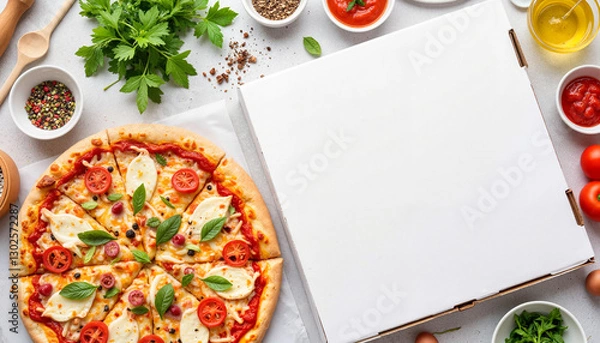 Obraz Delicious pizza with toppings on a kitchen countertop, mockup