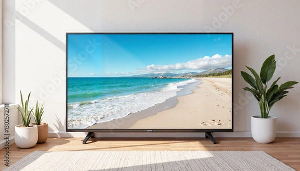 Obraz Beach landscape displayed on modern television in cozy room