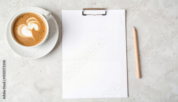 Fototapeta Coffee cup with heart design beside blank paper on table, mockup