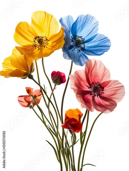 Fototapeta Vibrant Multicolored Poppy Flowers on Transparent Background – Realistic Botanical Illustration with Yellow, Blue, Red, and Pink Blooms for Floral and Decorative Design.
