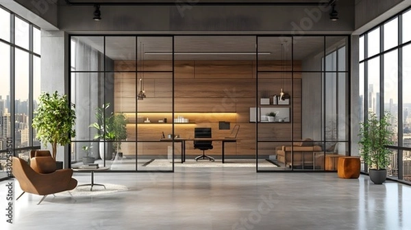 Fototapeta 3D boutique office space with a decluttered desk, glass partitions, and sleek furniture