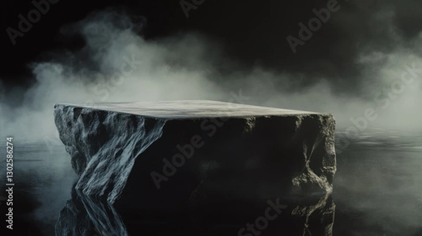 Obraz A stone podium with smoke on a dark background