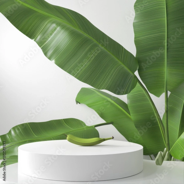Obraz A white podium with large banana leaves