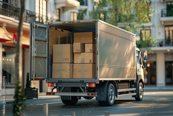 Fototapeta High Quality Image of Cargo Delivery Truck with Cardboard Boxes