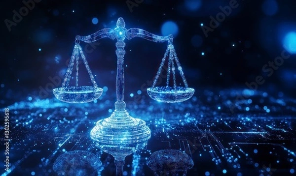 Fototapeta A cinematic shot of the scales of justice, representing social media law and complex artificial intelligence technology