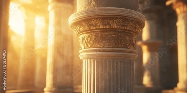 Fototapeta A close-up of an ancient Greek column, illuminated by the golden glow of sunset. The background is filled with other columns