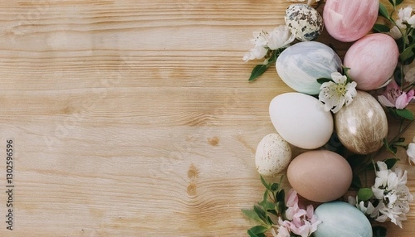 Obraz Colored easter eggs and spring flowers on wooden background